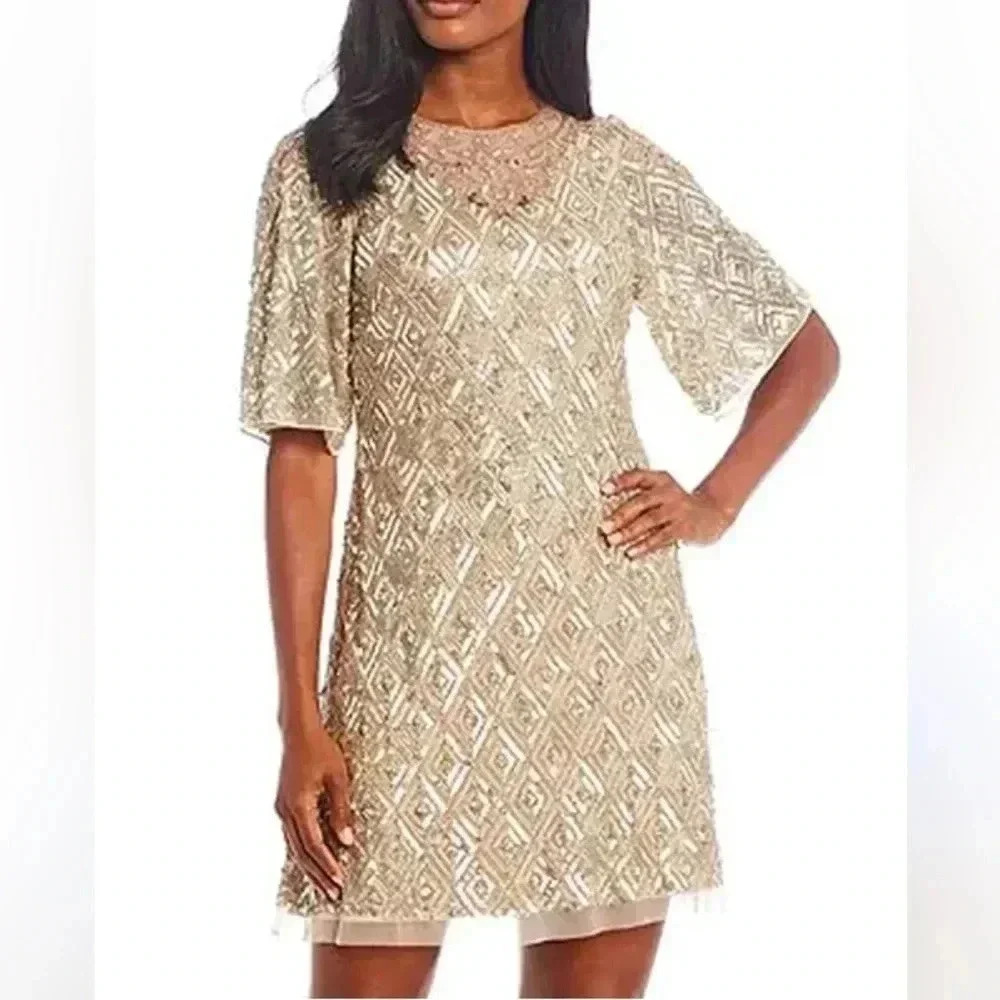 NWT Aidan Mattox Fully Beaded Trapeze Cocktail Dress in Champagne. Size 14